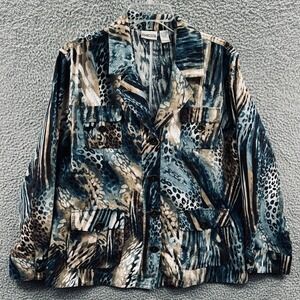 Chicos Womens Jacket L Animal Print Safari Utility Statement Artsy Statement